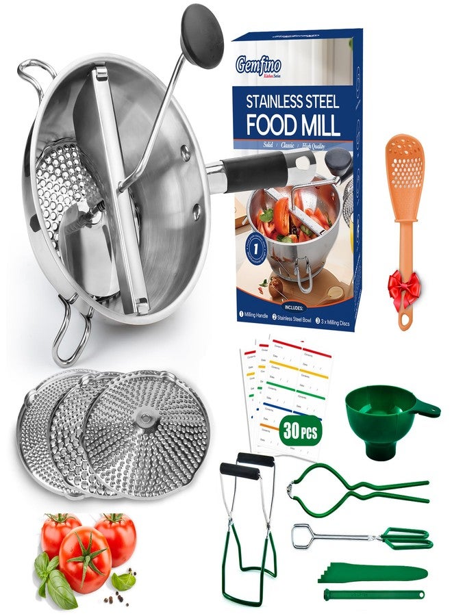 Gemfino Food Mill Stainless Steel With 3 Grinding Discs and Complete Canning Supplies Starter Kit of 8-Includes Tongs, Jar Lifter, Wrench, Lid Lifter, measurer,Funnel,Labels,Multifunctional Spoon(GJ-OG-GR) - Image 1